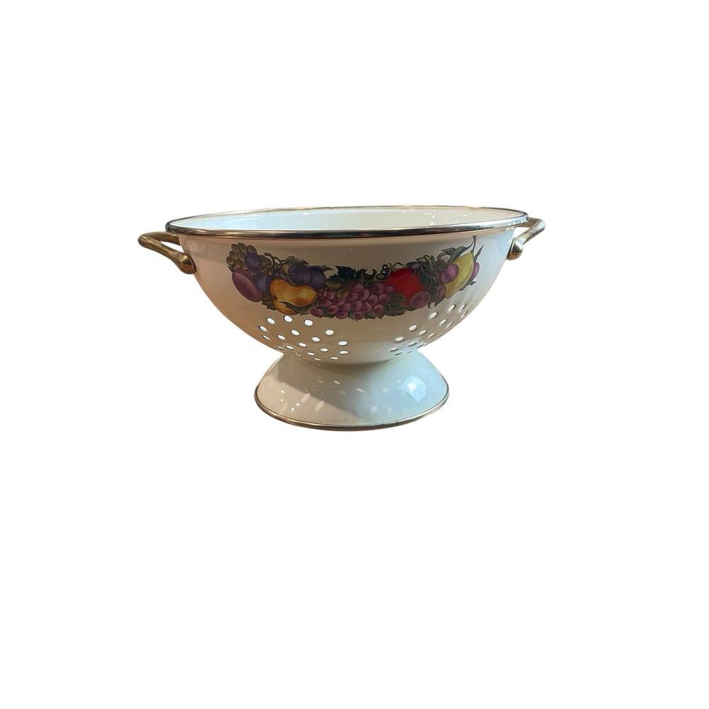 Vintage Cornucopia White With Fruit Design Enamel on Steel Kitchen Colander 80s